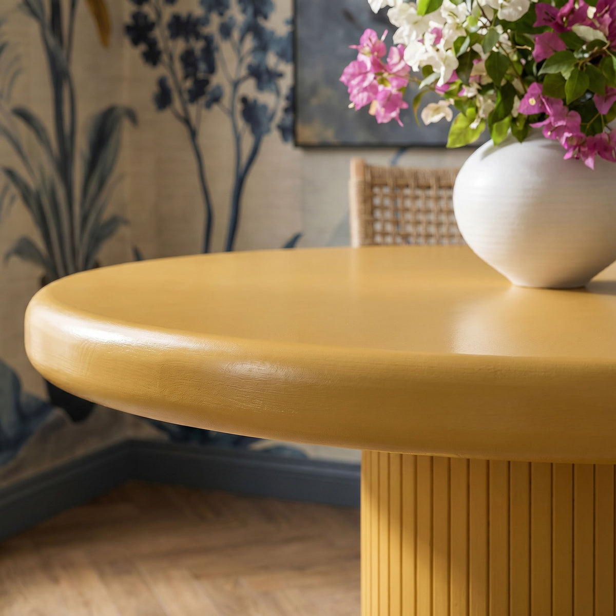Belmonte 45 Inch Painted Wood Round Pedestal Dining Table - Mustard