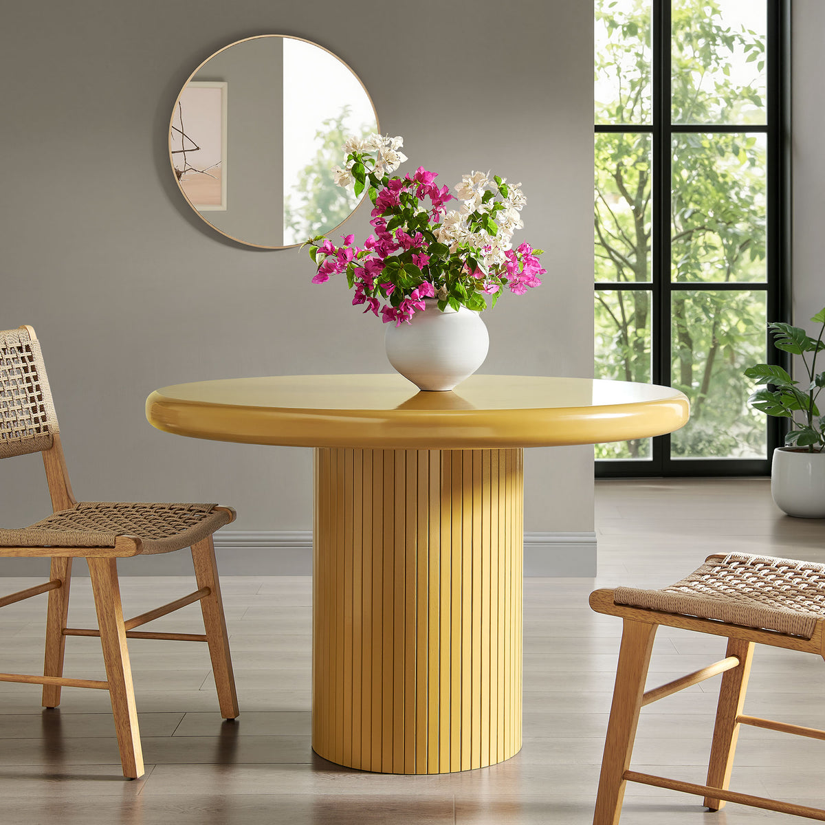 Belmonte 45 Inch Painted Wood Round Pedestal Dining Table - Mustard