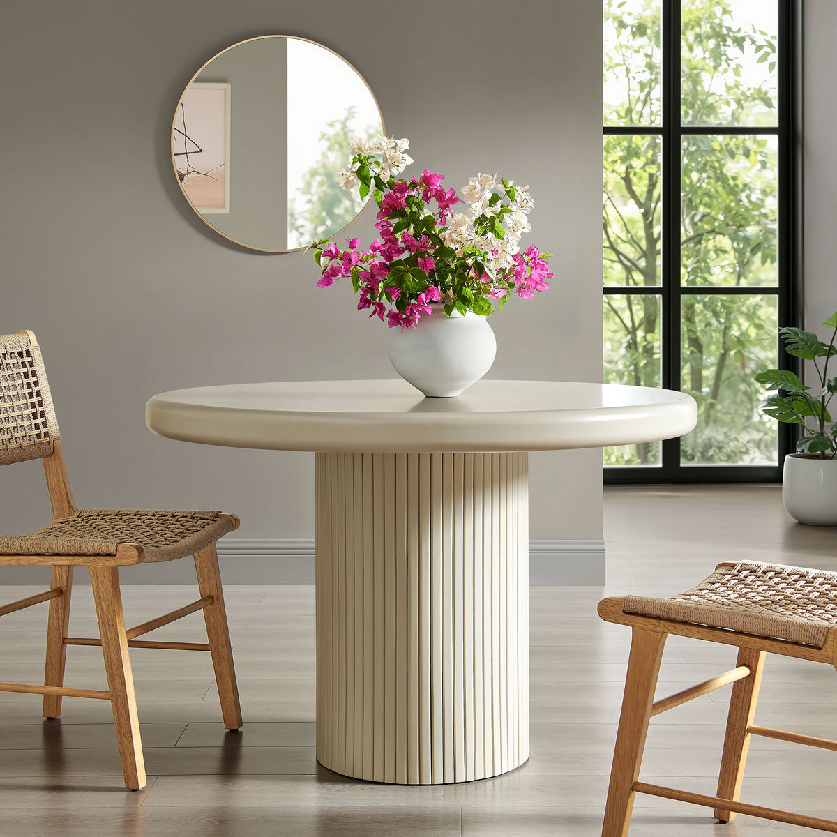 Belmonte 45 Inch Painted Wood Round Pedestal Dining Table - Putty