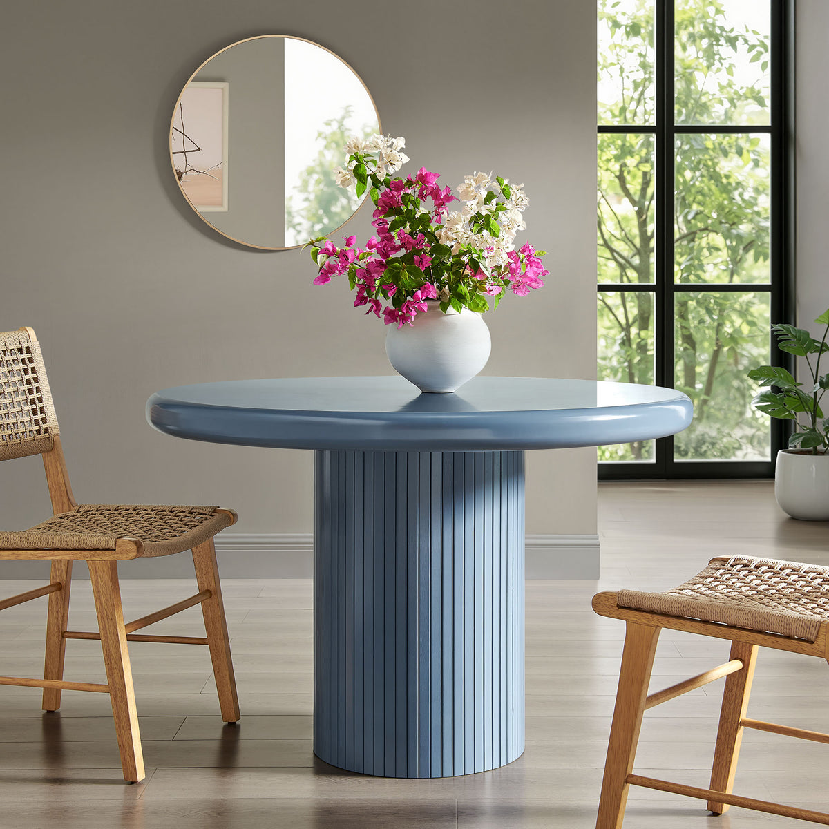 Belmonte 45 Inch Painted Wood Round Pedestal Dining Table - Stillwater Blue