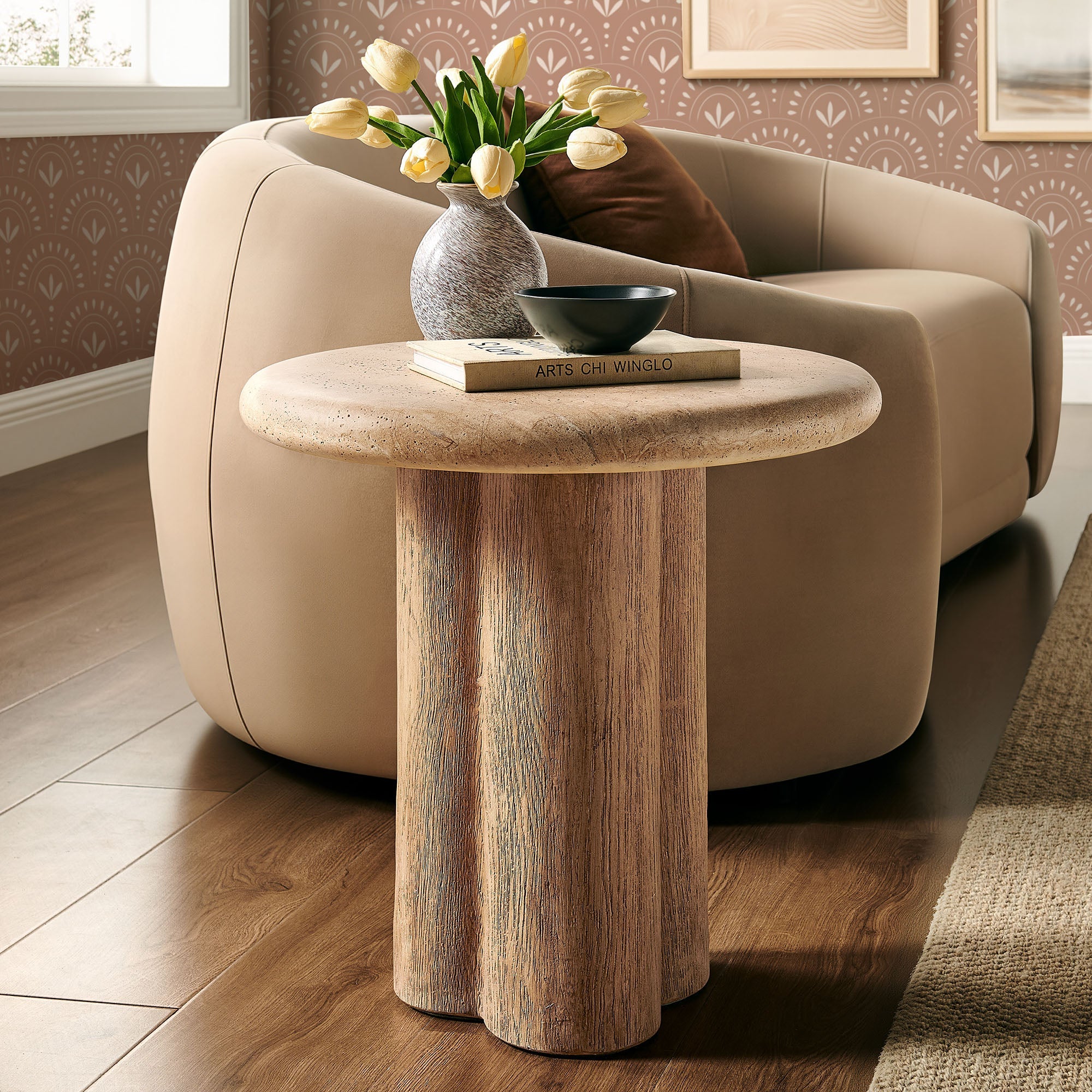 Tori 20 Inch Round Indoor and Outdoor Side Table - Travertine