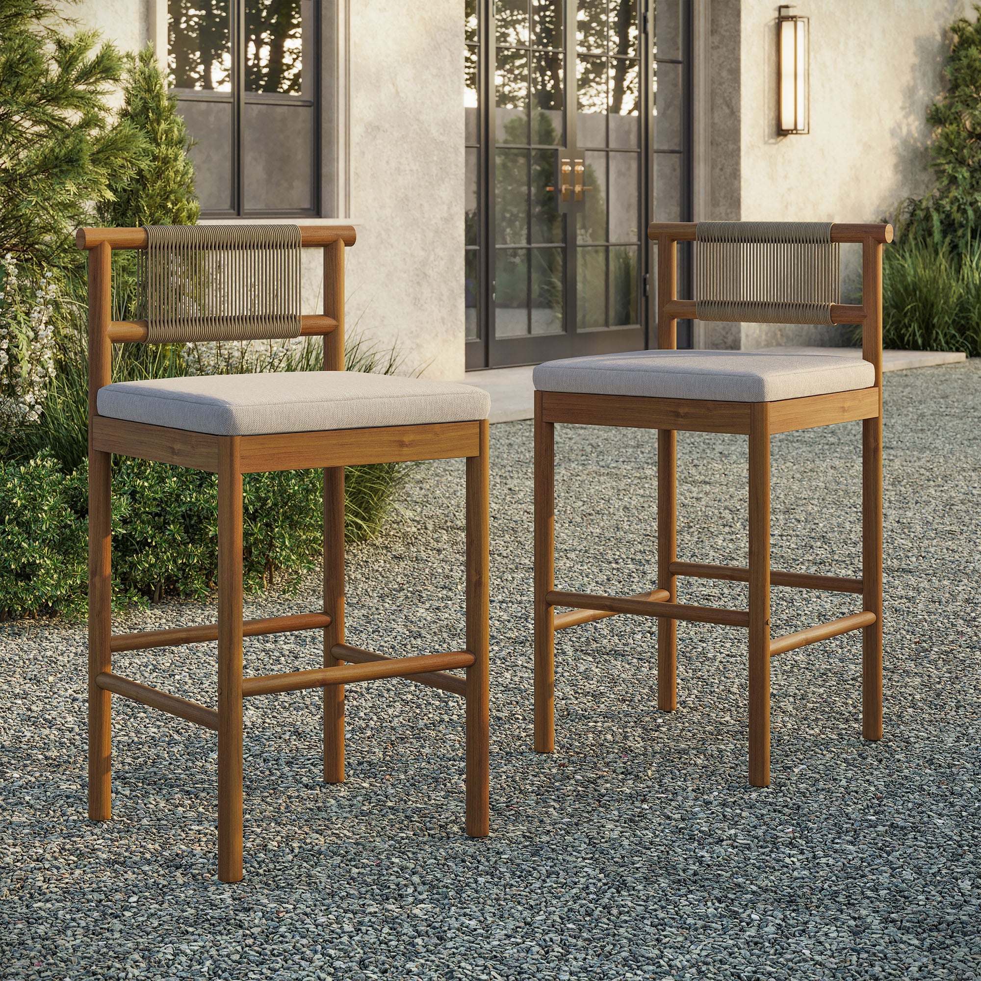 Eleni Outdoor Teak Wood Bar Stools Set of 2