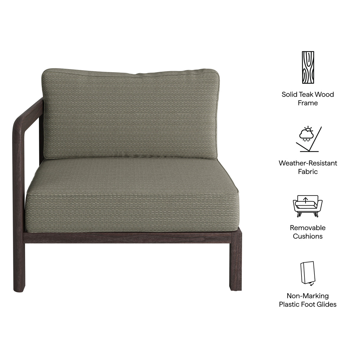 Kona Outdoor Patio Teak Wood Left-Arm Facing Modular Armchair - Ash