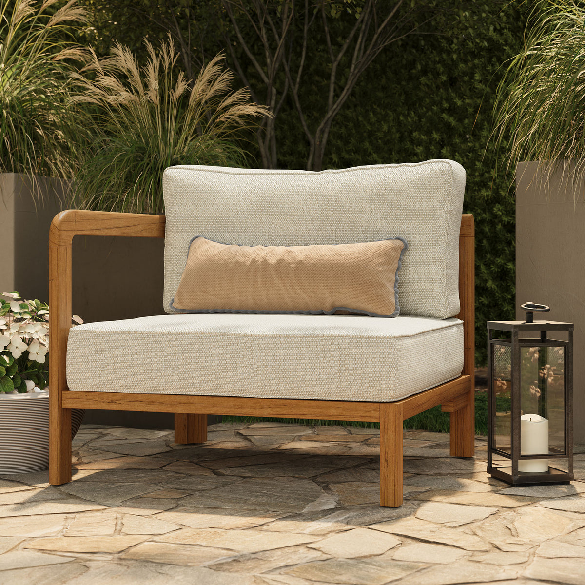Kona Outdoor Patio Teak Wood Left-Arm Facing Modular Armchair - Sand