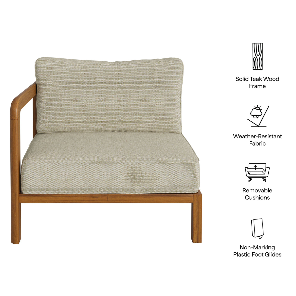 Kona Outdoor Patio Teak Wood Left-Arm Facing Modular Armchair - Sand