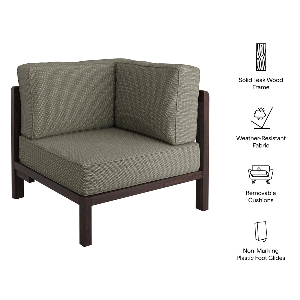 Kona Outdoor Patio Teak Wood Corner Modular Chair - Ash