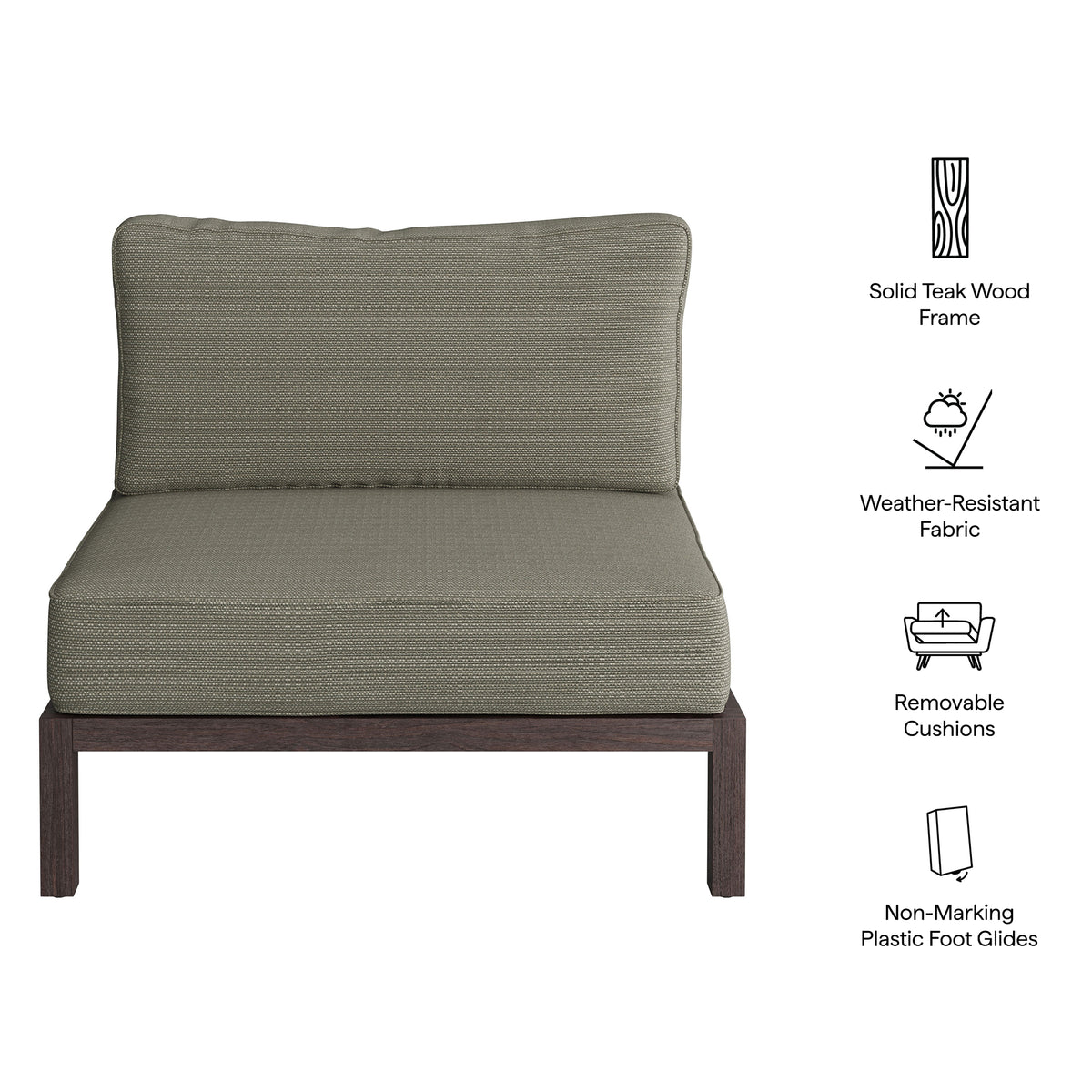 Kona Outdoor Patio Teak Wood Armless Modular Chair - Ash