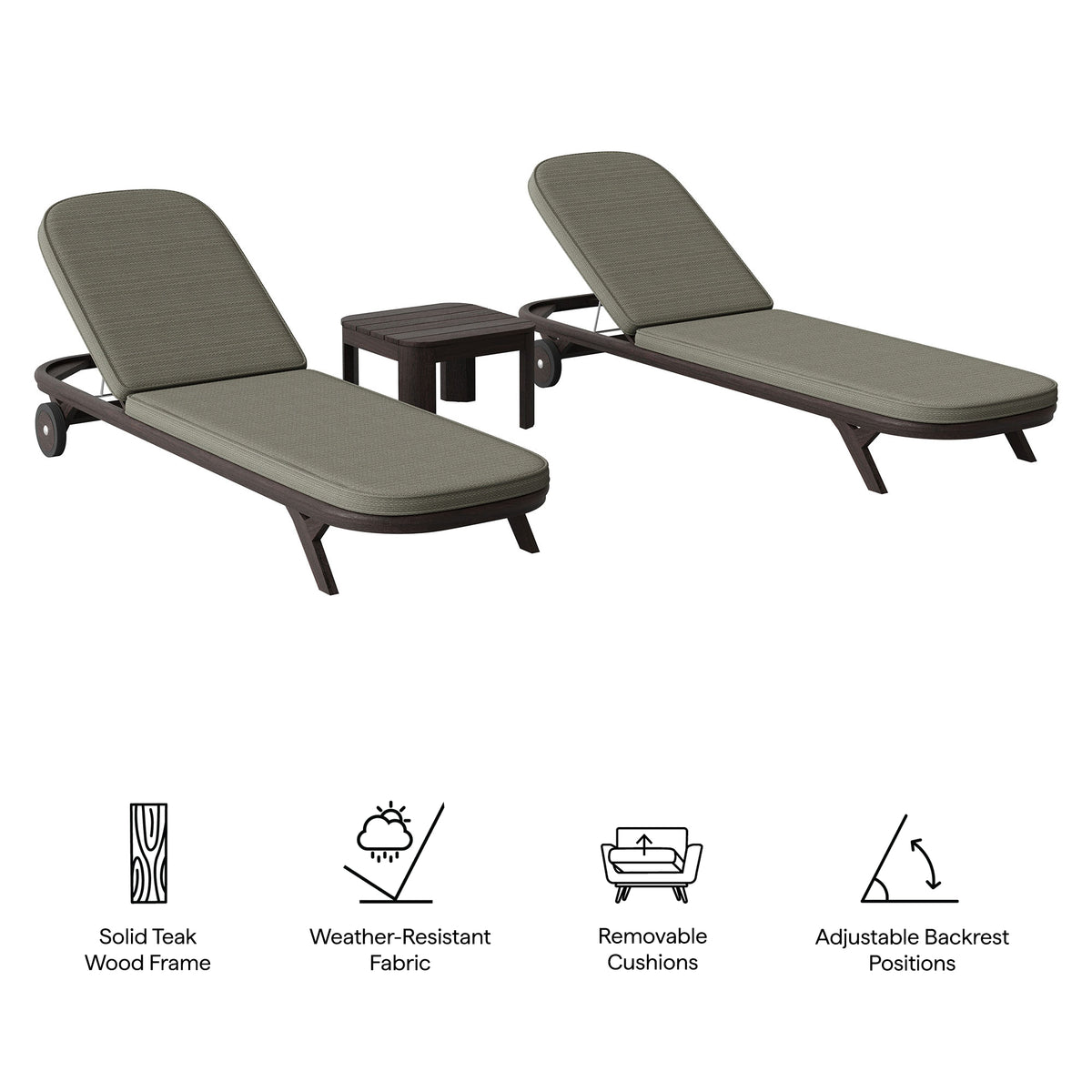 Kona 3-Piece Outdoor Patio Teak Wood Chaise Lounge Set - Ash
