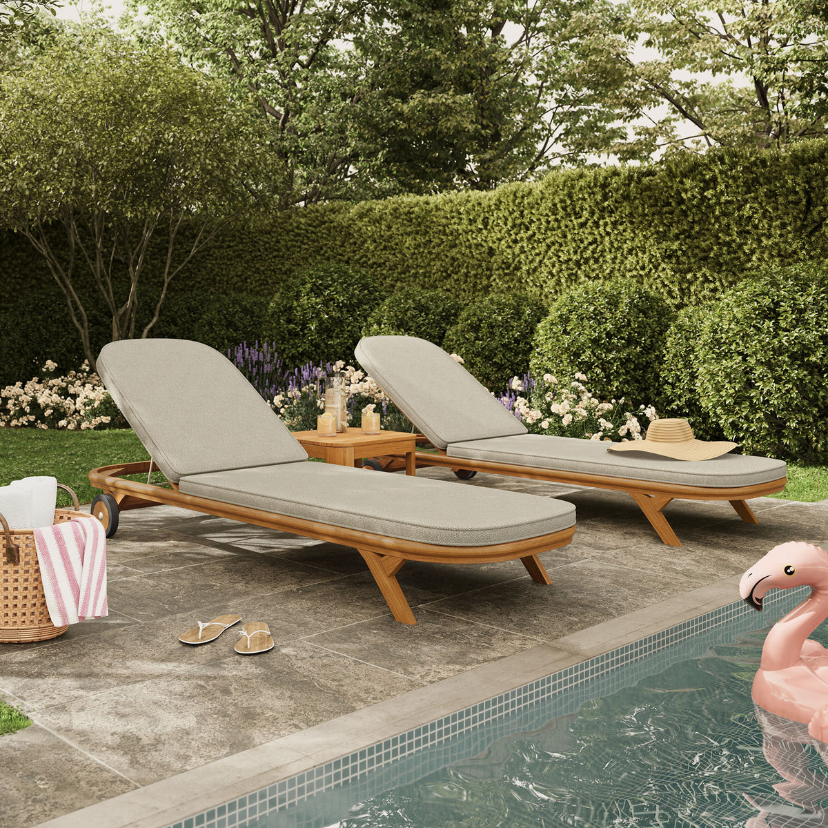 Kona 3-Piece Outdoor Patio Teak Wood Chaise Lounge Set - Sand
