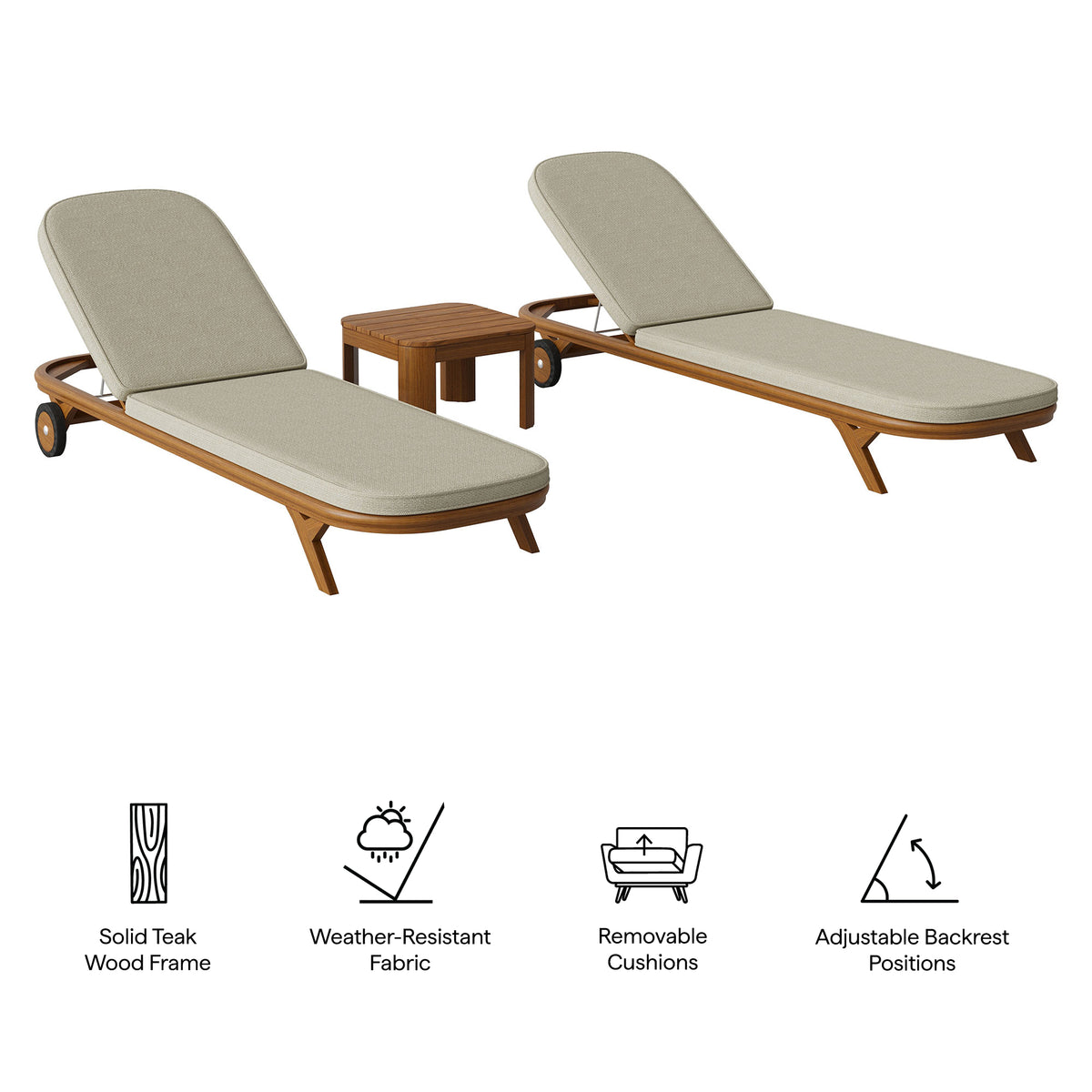 Kona 3-Piece Outdoor Patio Teak Wood Chaise Lounge Set - Sand