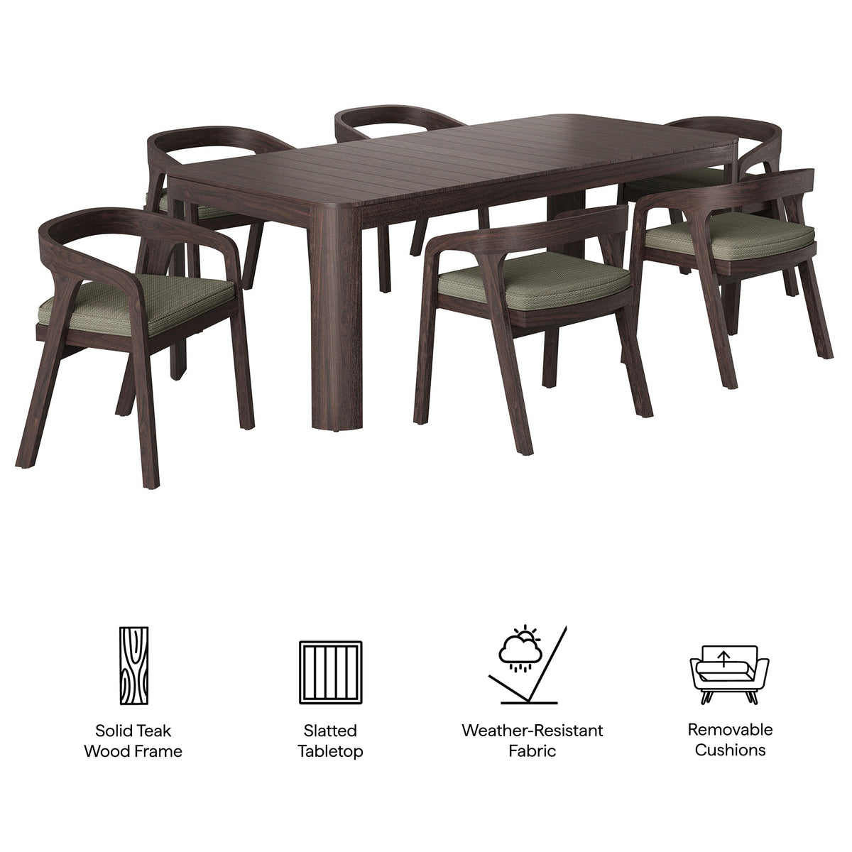 Kona 7-Piece Outdoor Patio Teak Wood Dining Set - Ash