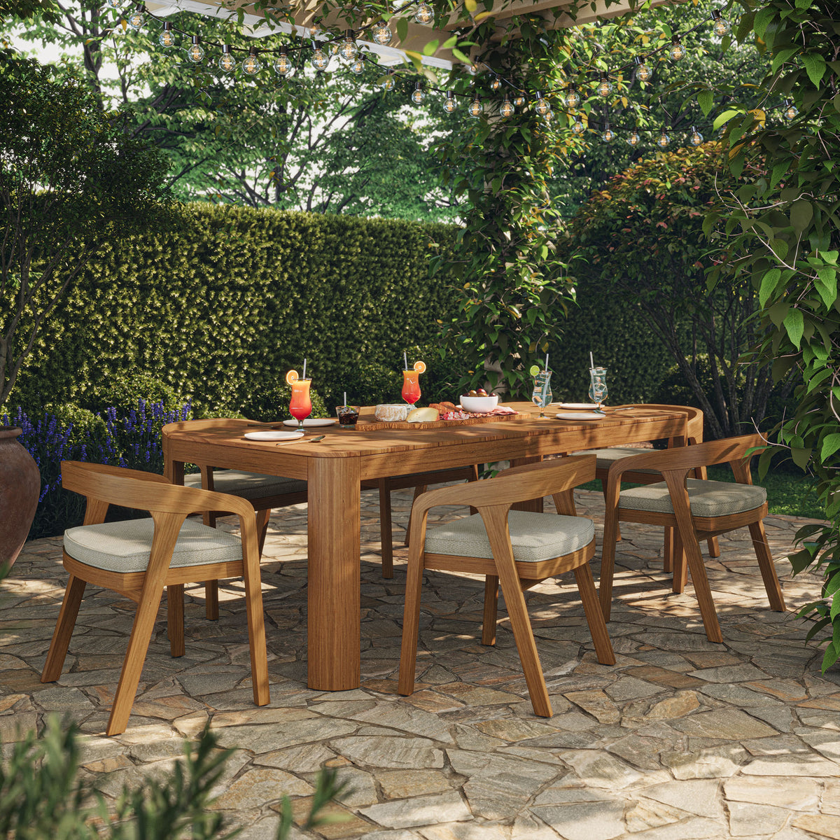 Kona 7-Piece Outdoor Patio Teak Wood Dining Set - Sand