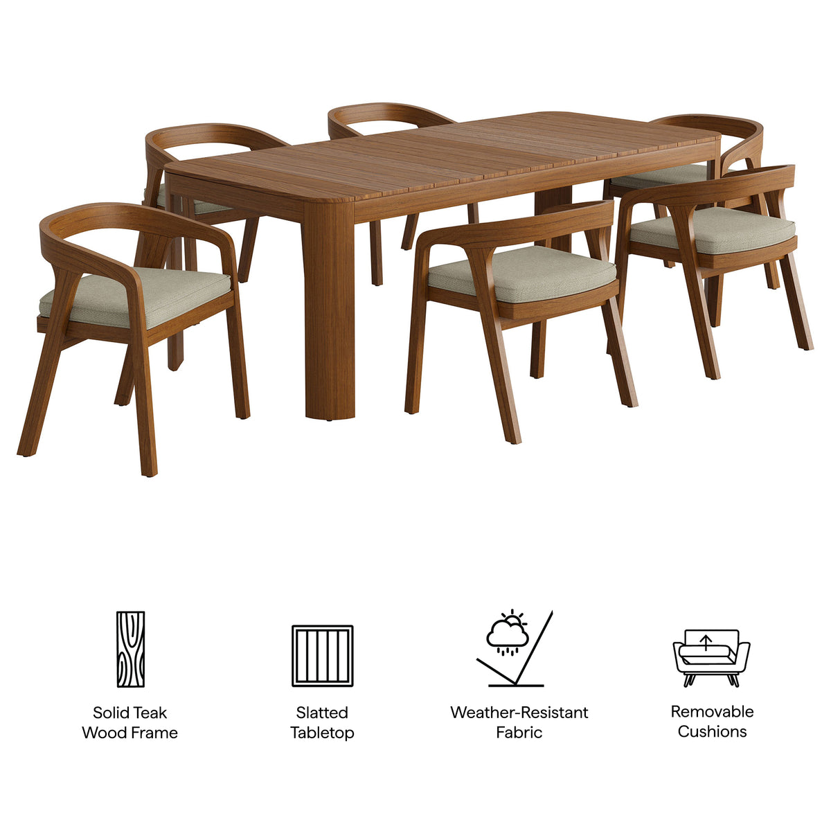 Kona 7-Piece Outdoor Patio Teak Wood Dining Set - Sand