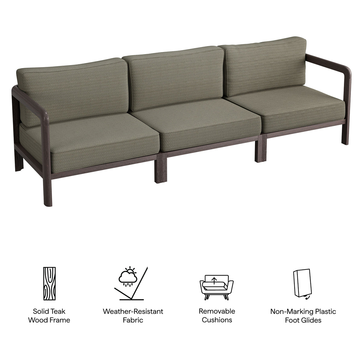Kona 3-Piece Outdoor Patio Teak Wood Modular Sofa Set - Ash