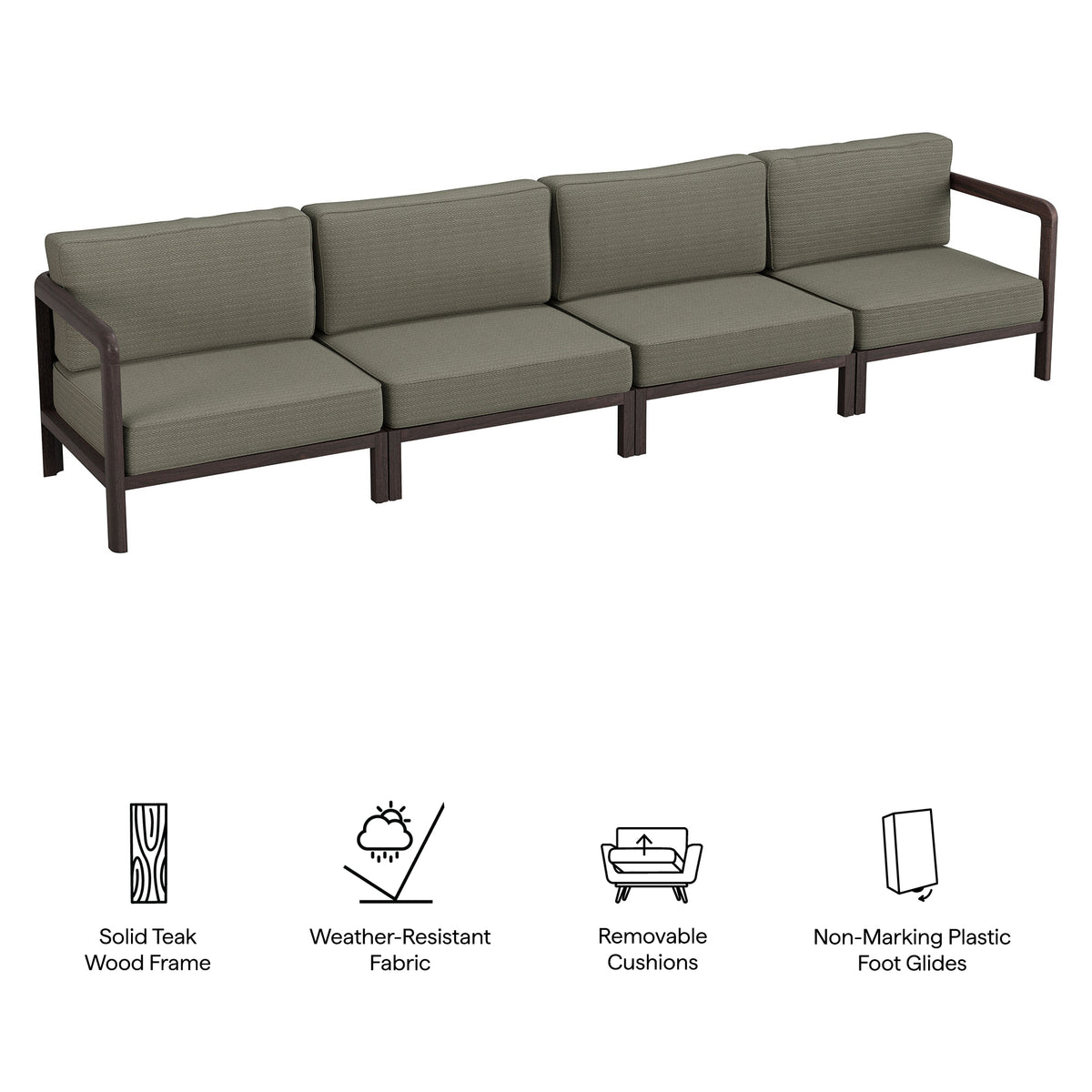 Kona 4-Piece Outdoor Patio Teak Wood Modular Sofa Set - Ash