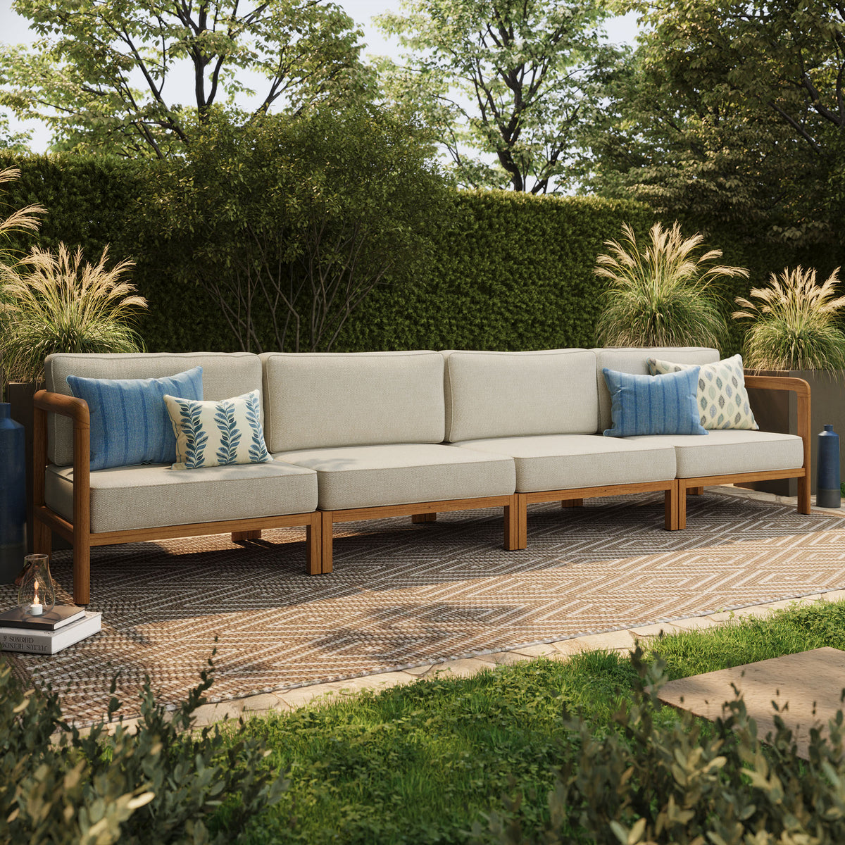 Kona 4-Piece Outdoor Patio Teak Wood Modular Sofa Set - Sand