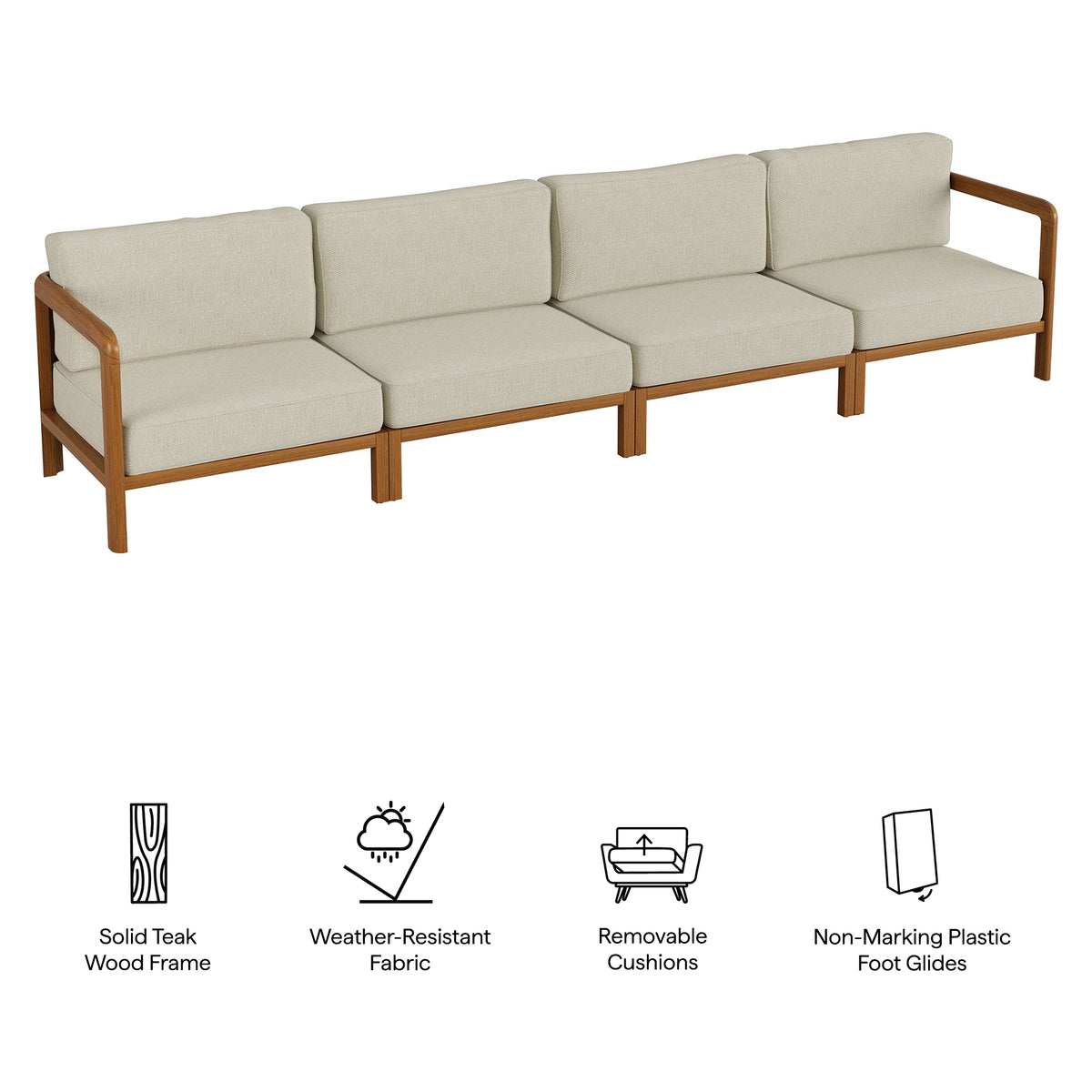 Kona 4-Piece Outdoor Patio Teak Wood Modular Sofa Set - Sand