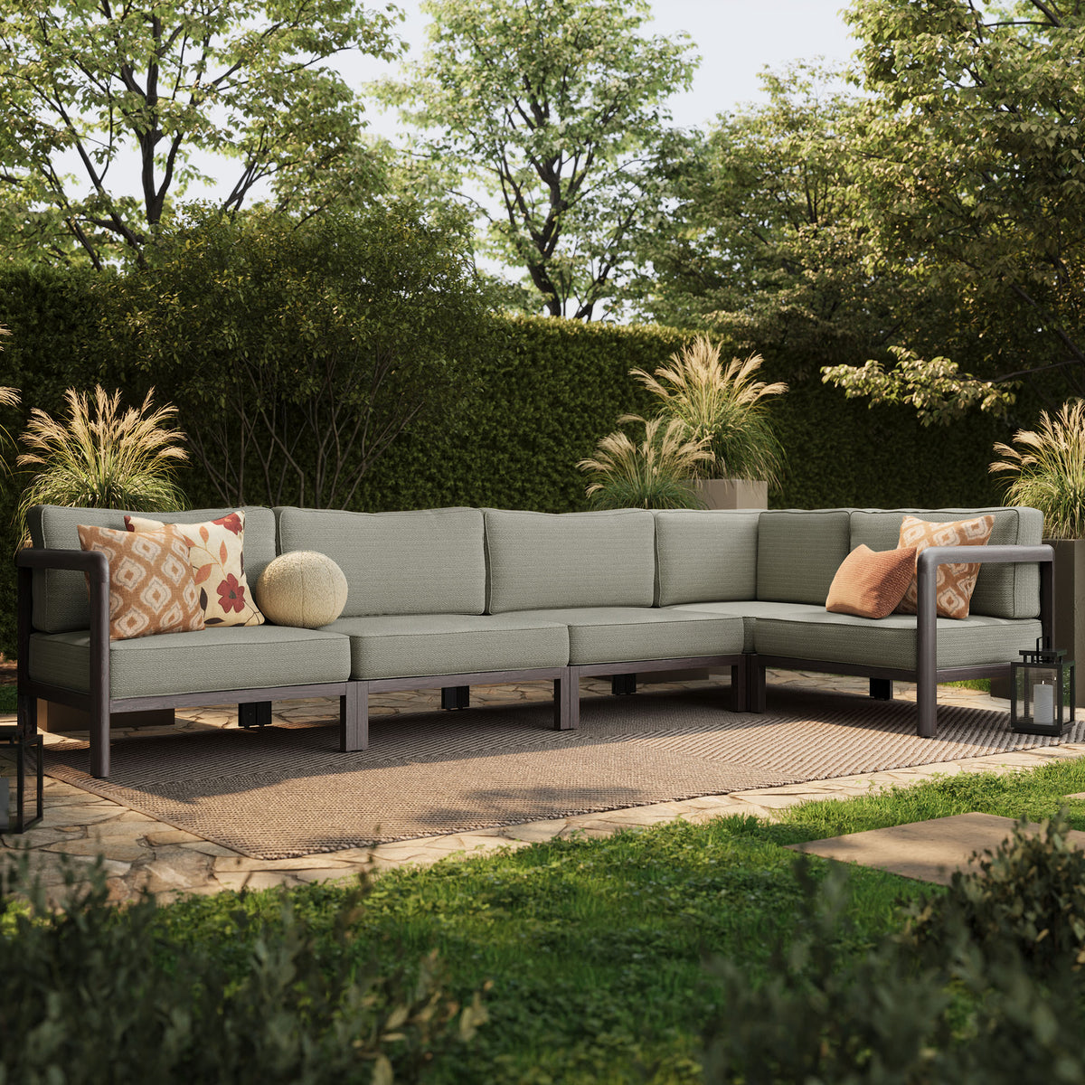 Kona L-Shaped Outdoor Patio Teak Wood Modular Sofa - Ash