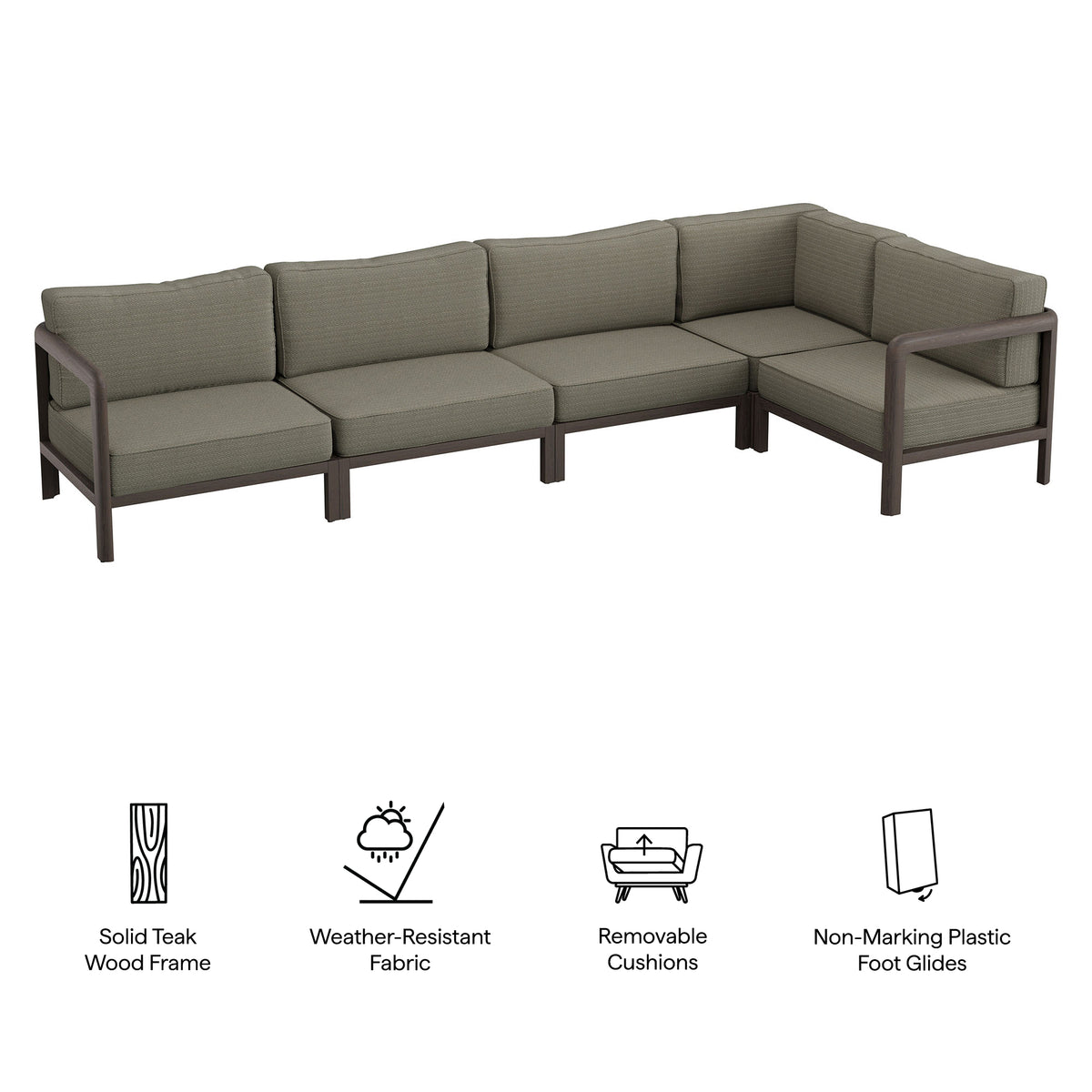 Kona L-Shaped Outdoor Patio Teak Wood Modular Sofa - Ash