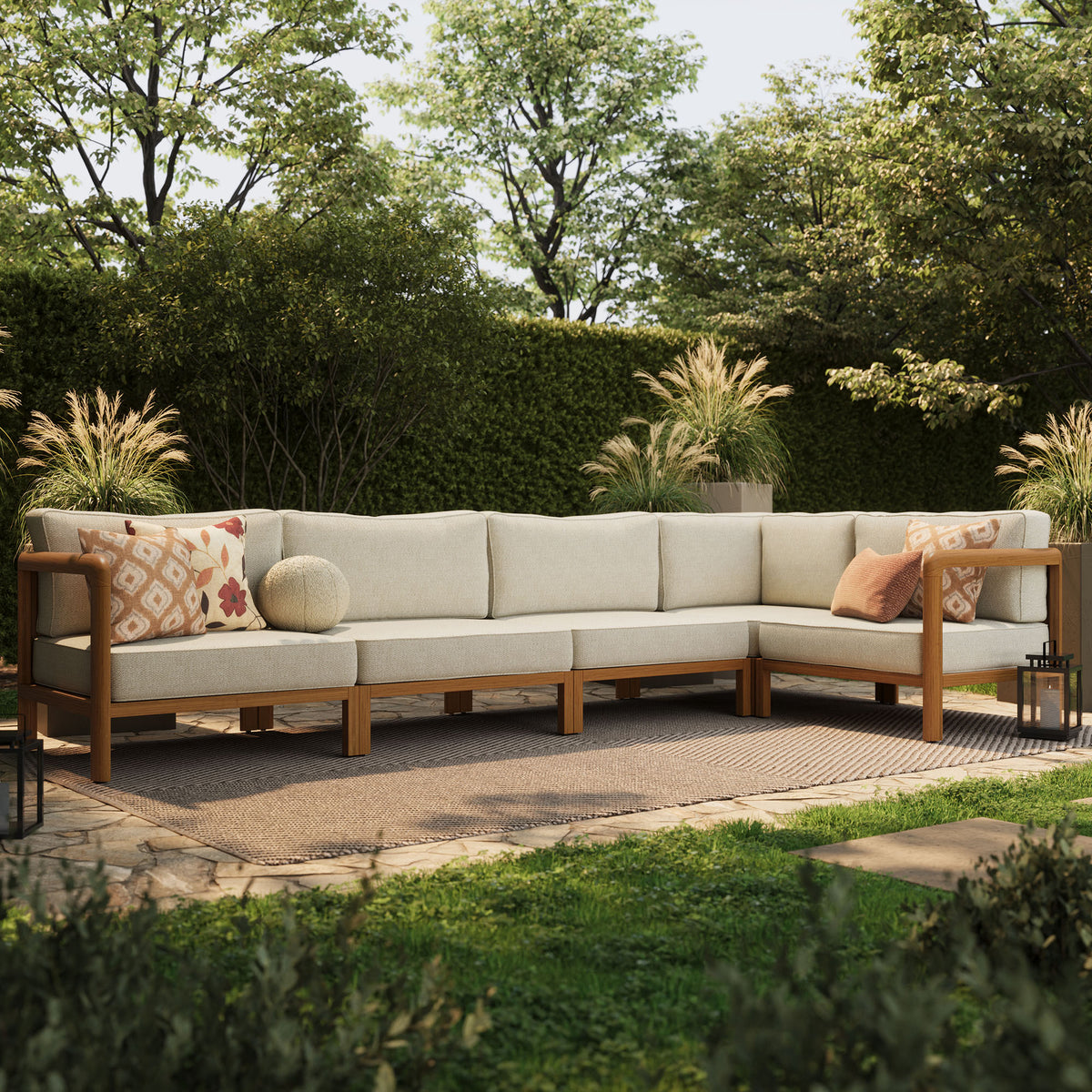 Kona L-Shaped Outdoor Patio Teak Wood Modular Sofa - Sand