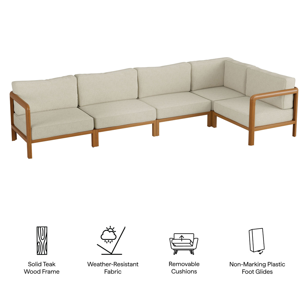 Kona L-Shaped Outdoor Patio Teak Wood Modular Sofa - Sand
