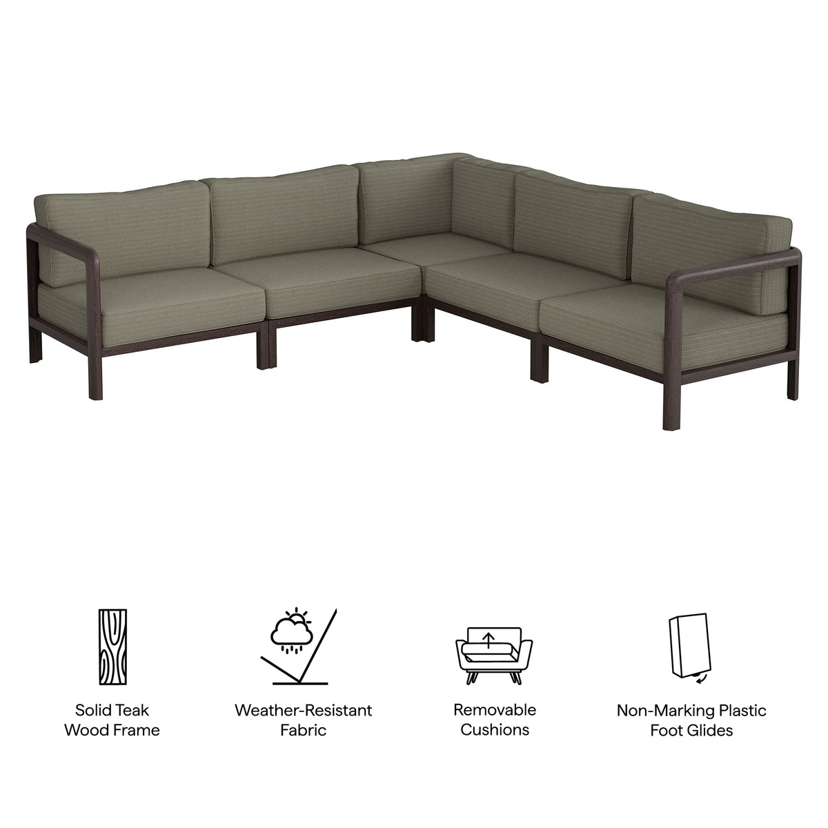 Kona 5-Piece Outdoor Patio Teak Wood Corner Modular Sofa - Ash