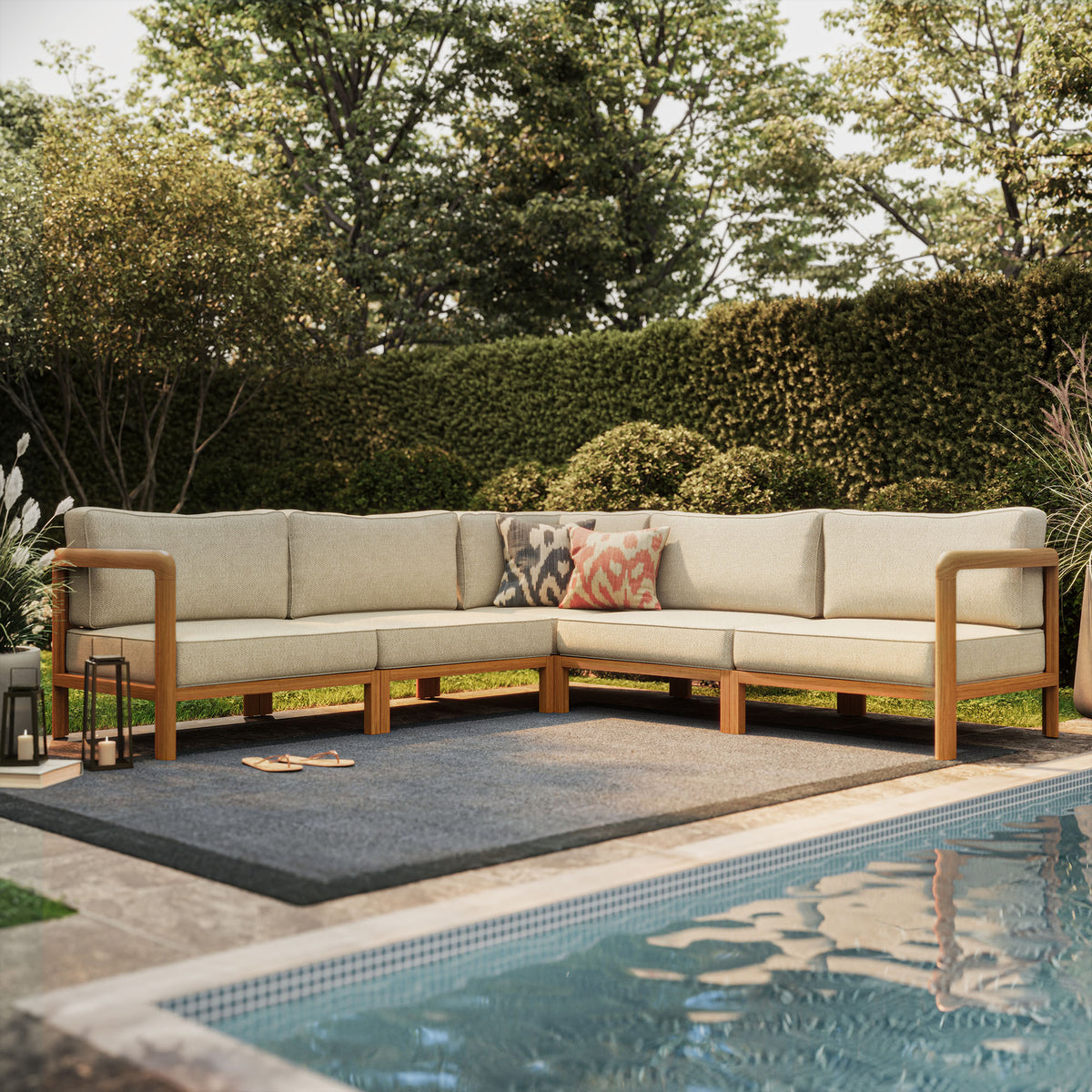 Kona 5-Piece Outdoor Patio Teak Wood Corner Modular Sofa - Sand
