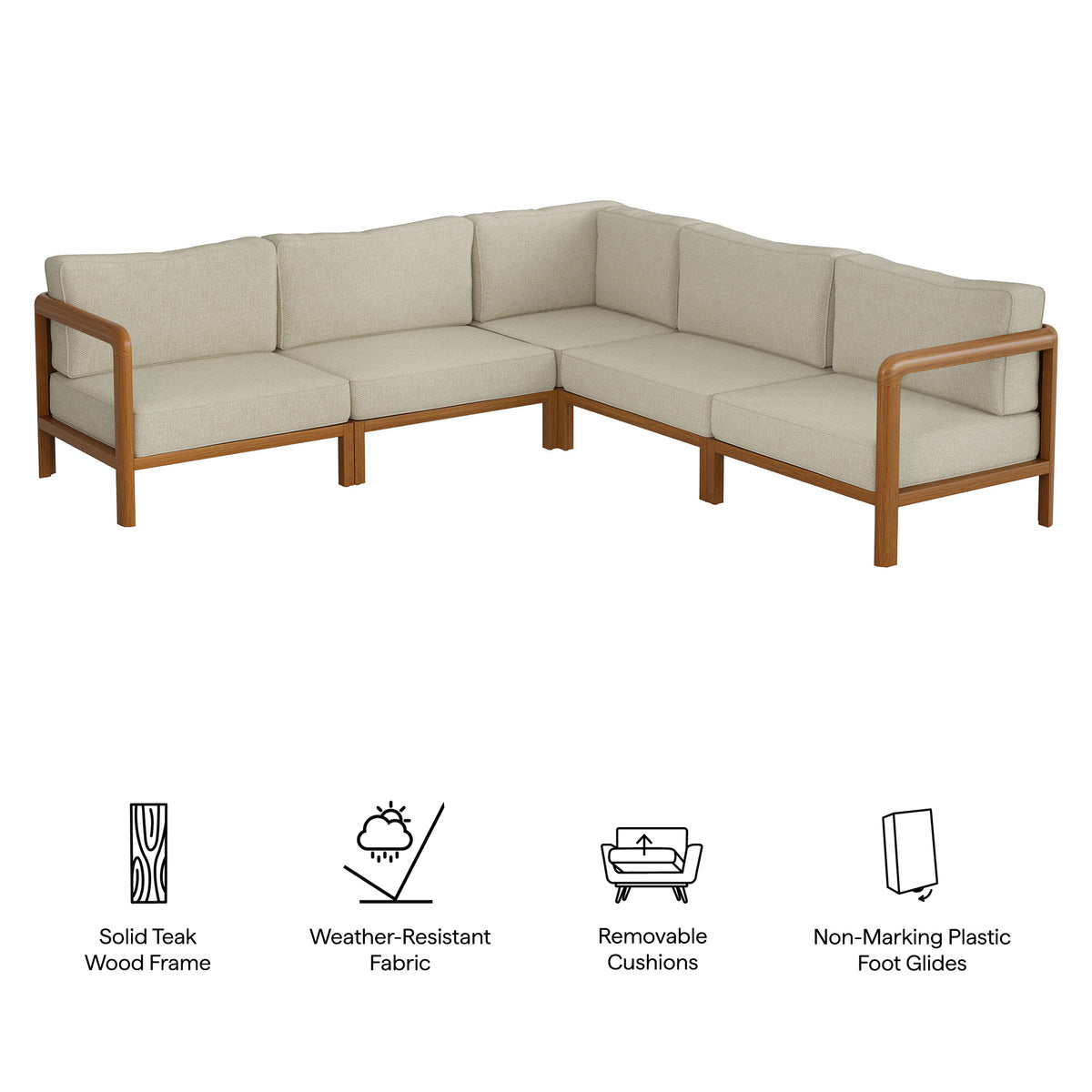 Kona 5-Piece Outdoor Patio Teak Wood Corner Modular Sofa - Sand