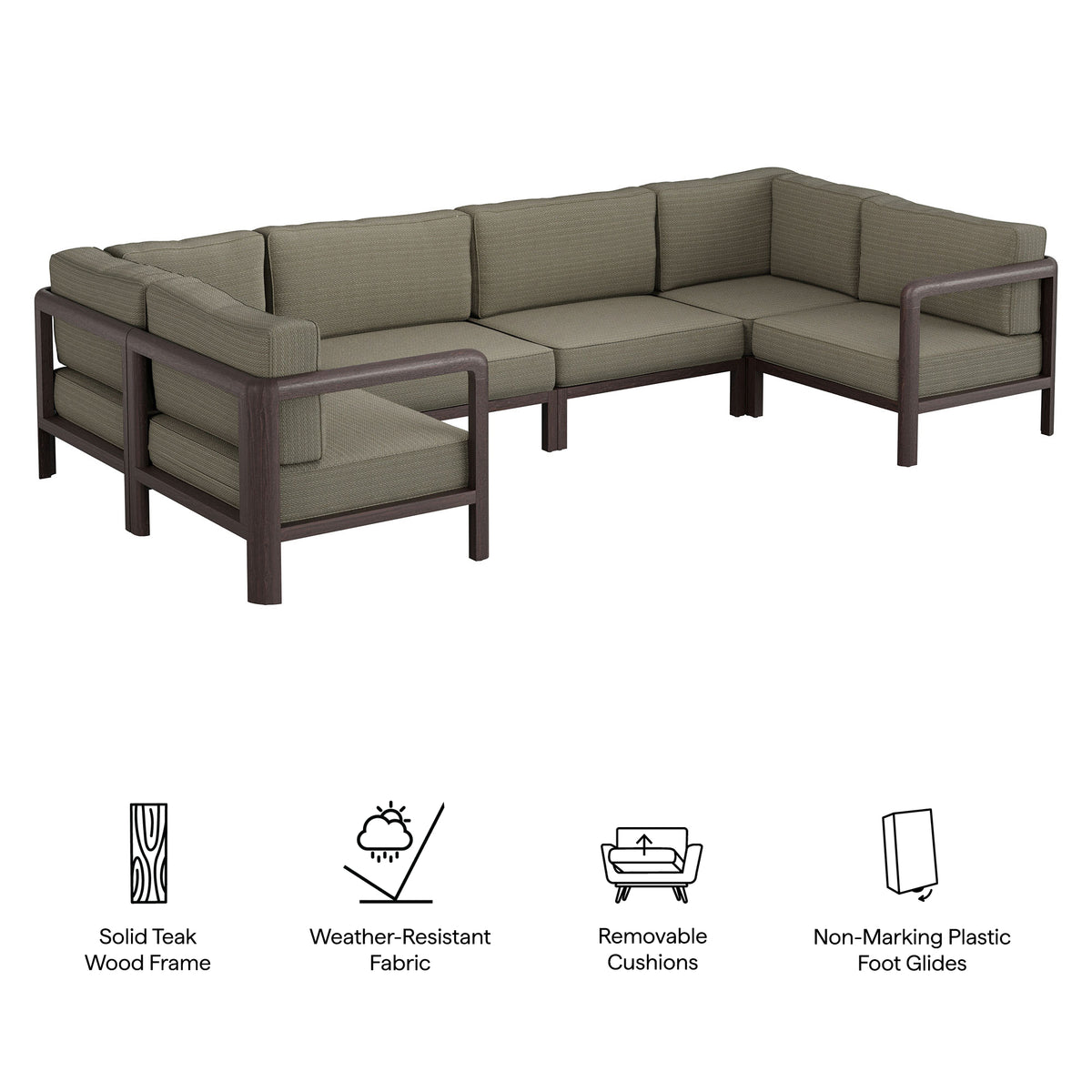 Kona 6-Piece Outdoor Patio Teak Wood Modular Sofa - Ash