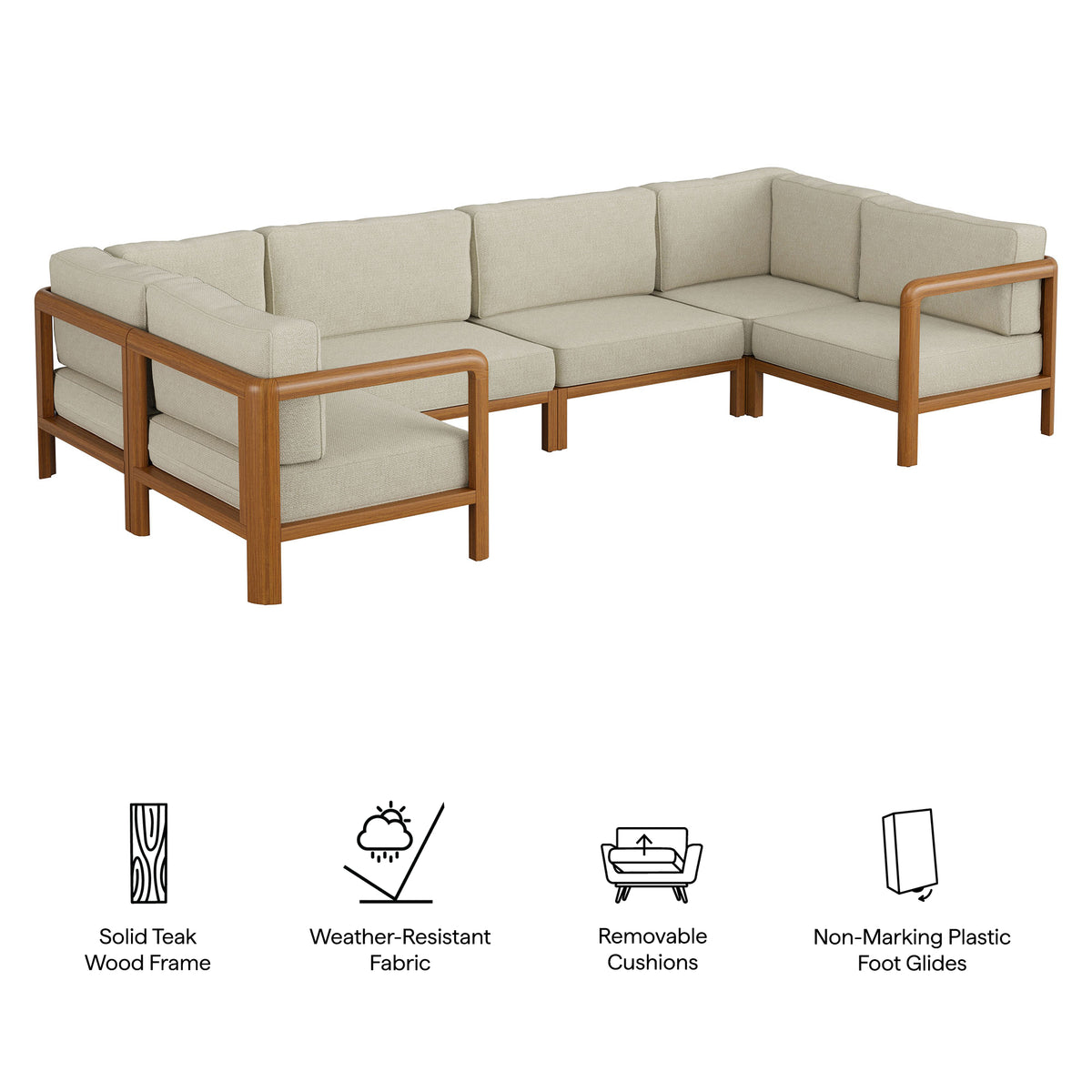 Kona 6-Piece Outdoor Patio Teak Wood Modular Sofa - Sand