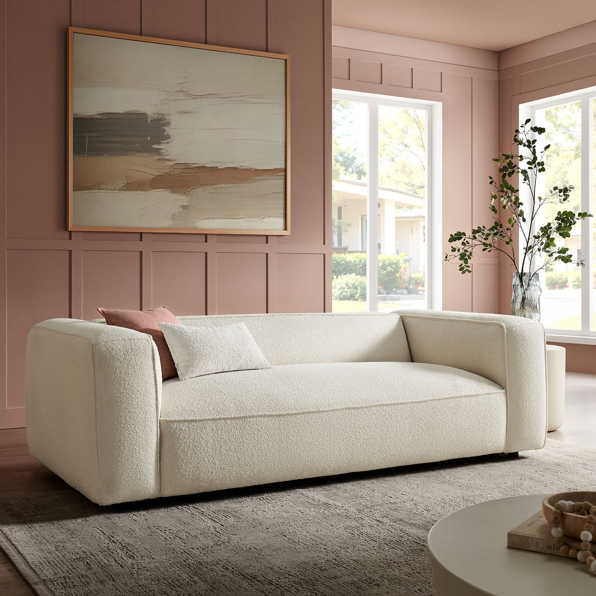 Auren 88 Inch Lattice Bouclé Upholstered Sofa - Cream