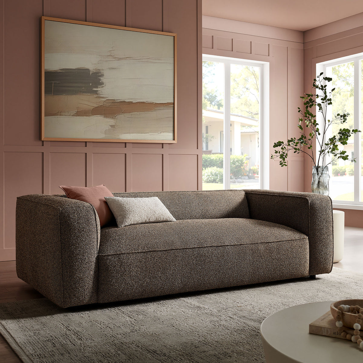 Auren 88 Inch Lattice Bouclé Upholstered Sofa - Earth