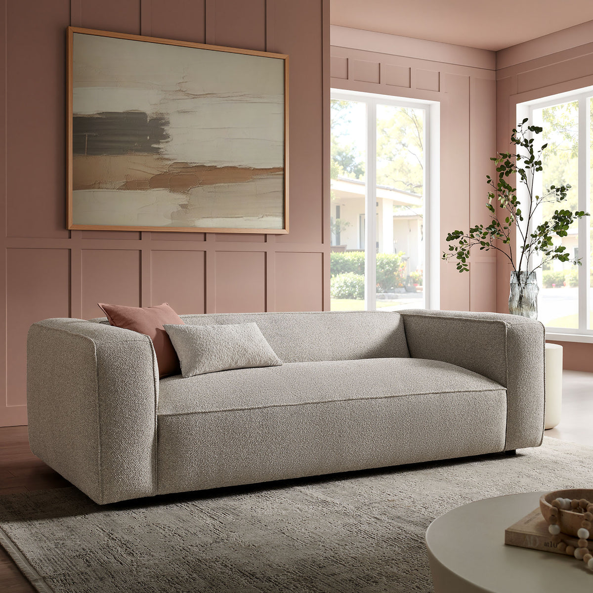 Auren 88 Inch Lattice Bouclé Upholstered Sofa - Fog