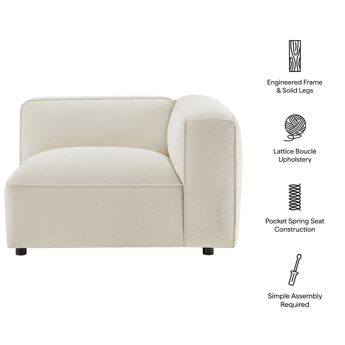Auren Lattice Bouclé Upholstered Modular Right-Facing Arm Chair - Cream