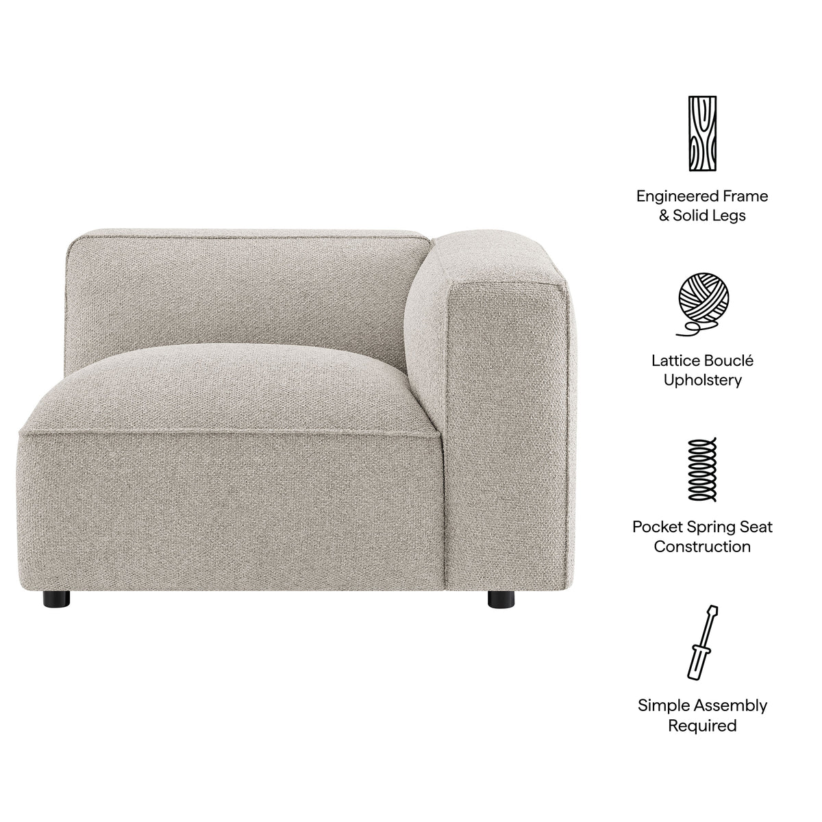 Auren Lattice Bouclé Upholstered Modular Right-Facing Arm Chair - Fog