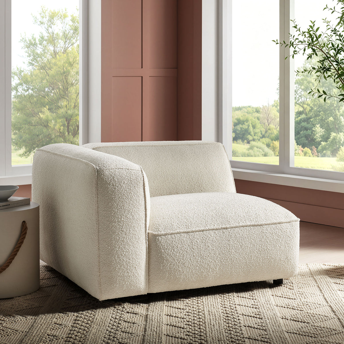 Auren Lattice Bouclé Upholstered Modular Left-Facing Arm Chair - Cream