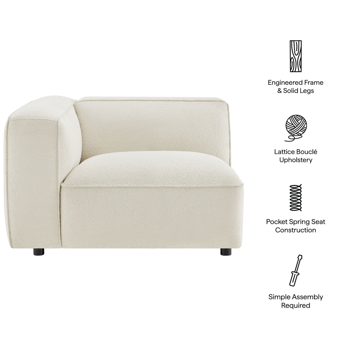 Auren Lattice Bouclé Upholstered Modular Left-Facing Arm Chair - Cream