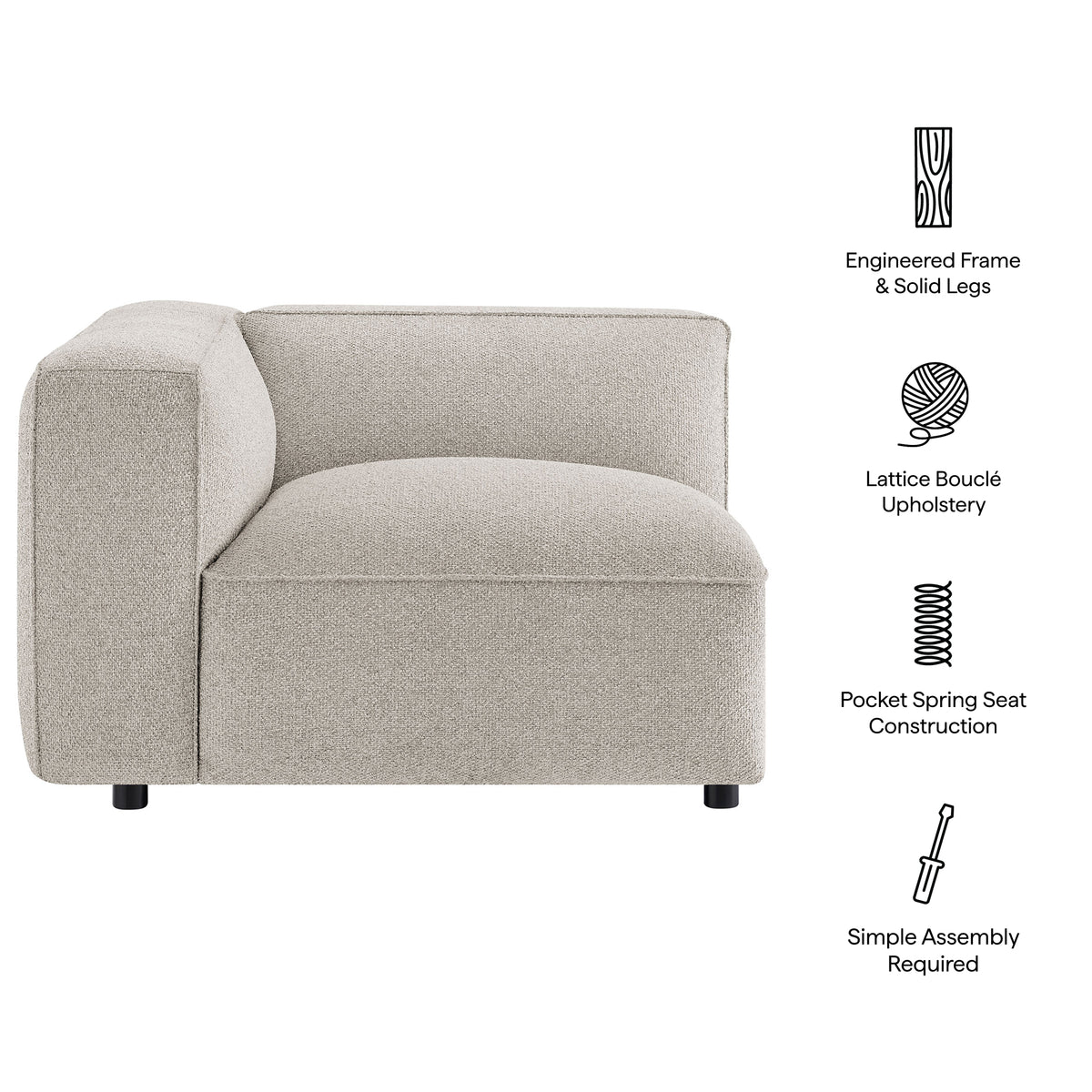 Auren Lattice Bouclé Upholstered Modular Left-Facing Arm Chair - Fog