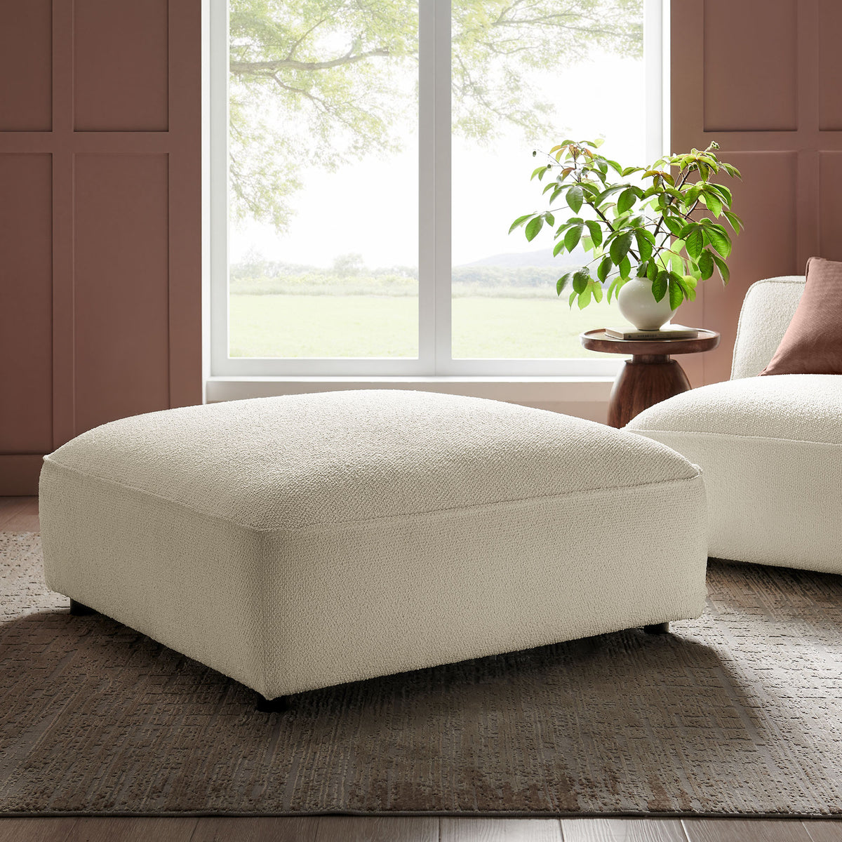 Auren Lattice Bouclé Upholstered Ottoman - Cream