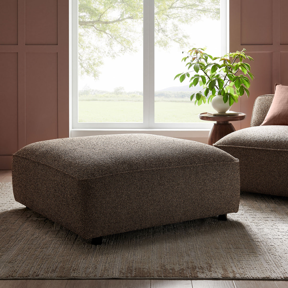 Auren Lattice Bouclé Upholstered Ottoman - Earth