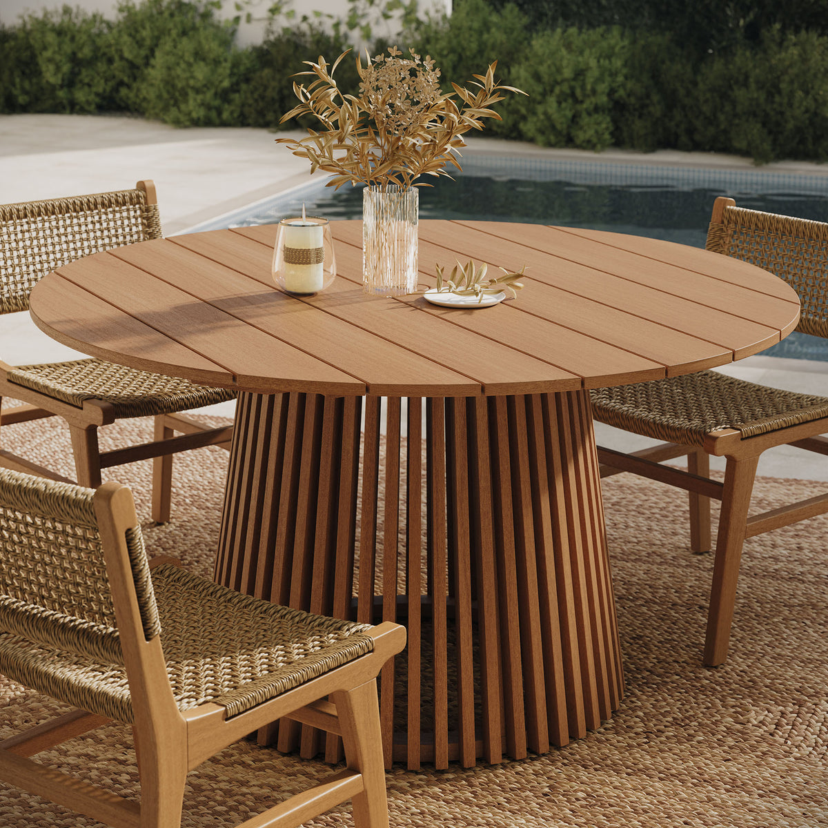 Lane 55 Inch Round Outdoor Patio Teak Wood Dining Table - Natural