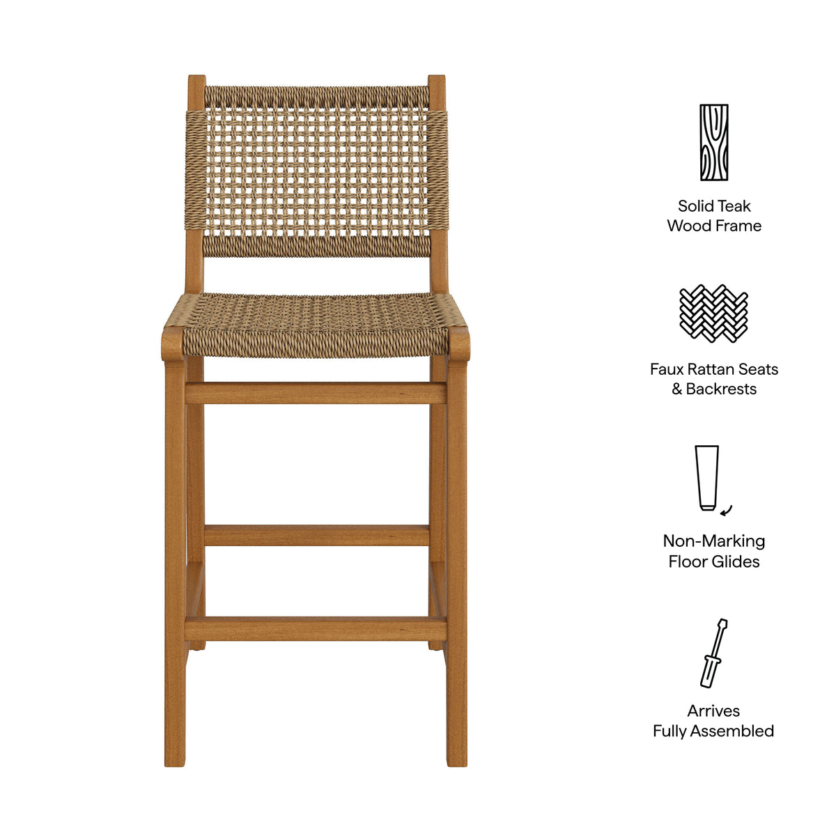 Rowe Outdoor Patio Teak Wood Counter Chairs Set of 2 - Natural
