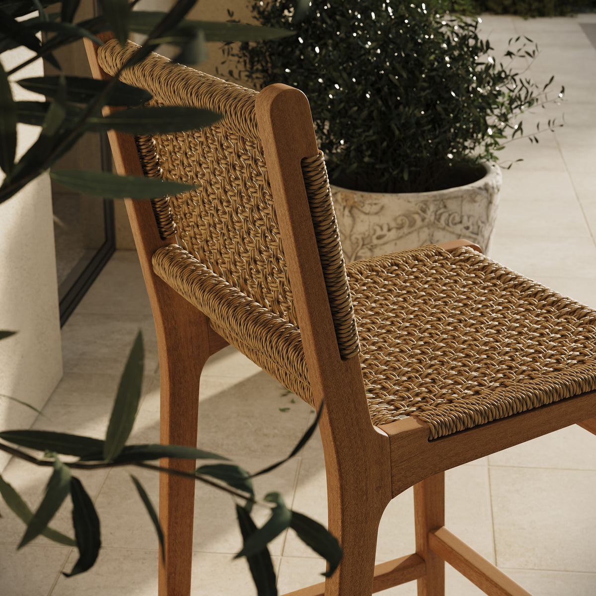 Rowe Outdoor Patio Teak Wood Bar Chairs Set of 2 - Natural