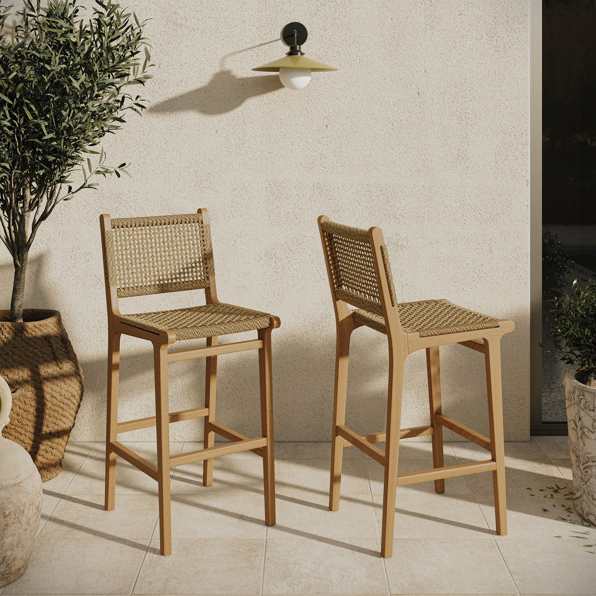 Rowe Outdoor Patio Teak Wood Bar Chairs Set of 2 - Natural