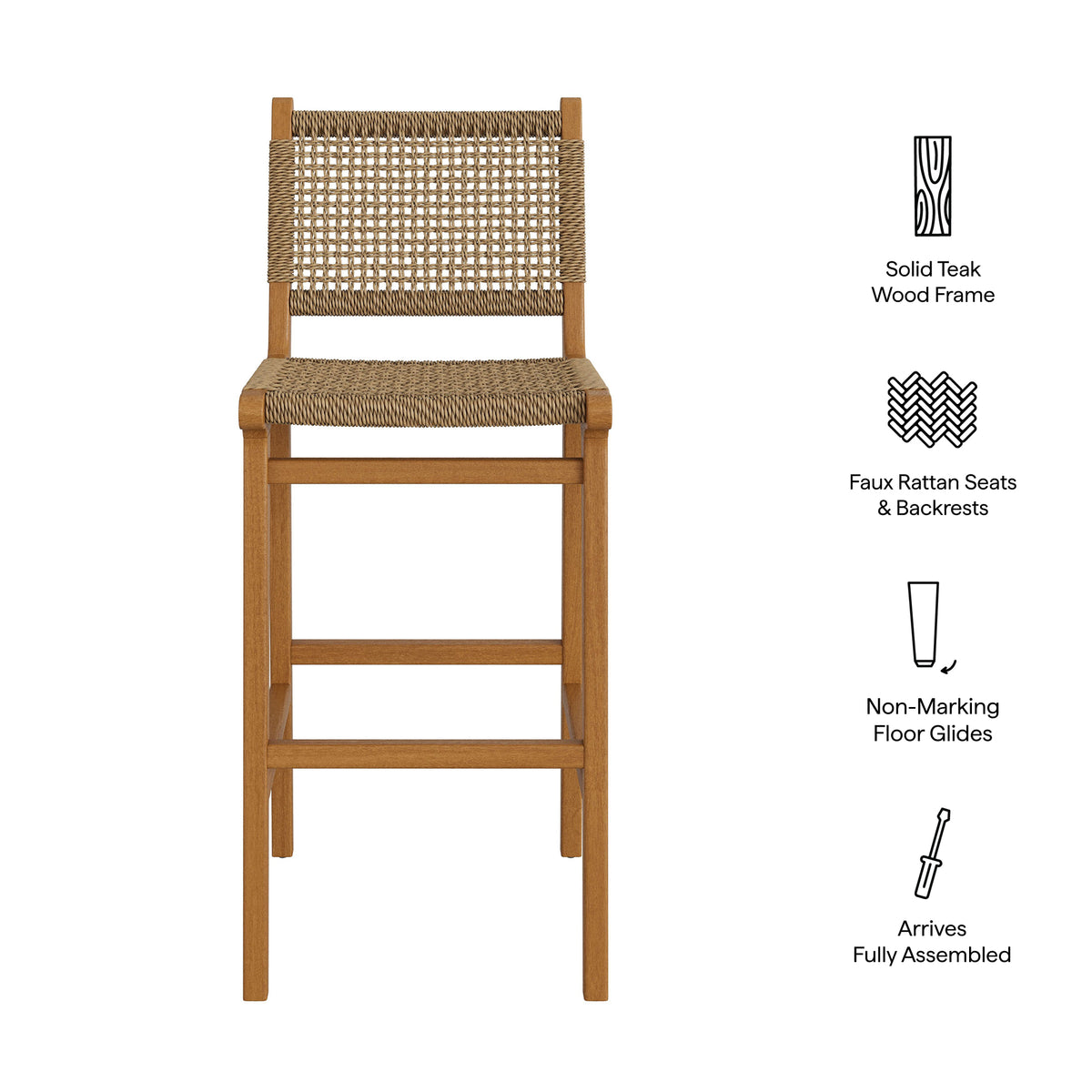 Rowe Outdoor Patio Teak Wood Bar Chairs Set of 2 - Natural