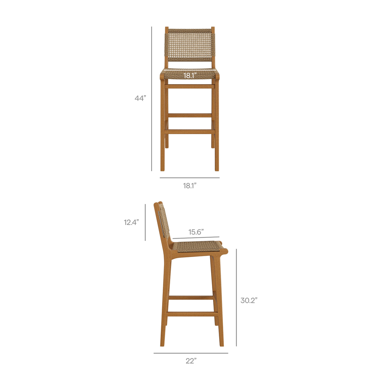 Rowe Outdoor Patio Teak Wood Bar Chairs Set of 2 - Natural