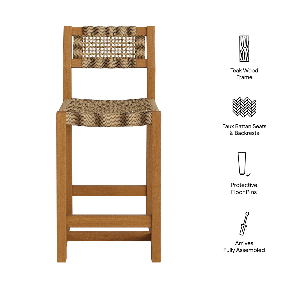 Reed 40 Inch Outdoor Patio Outdoor Teak Wood Counter Stool - Natural