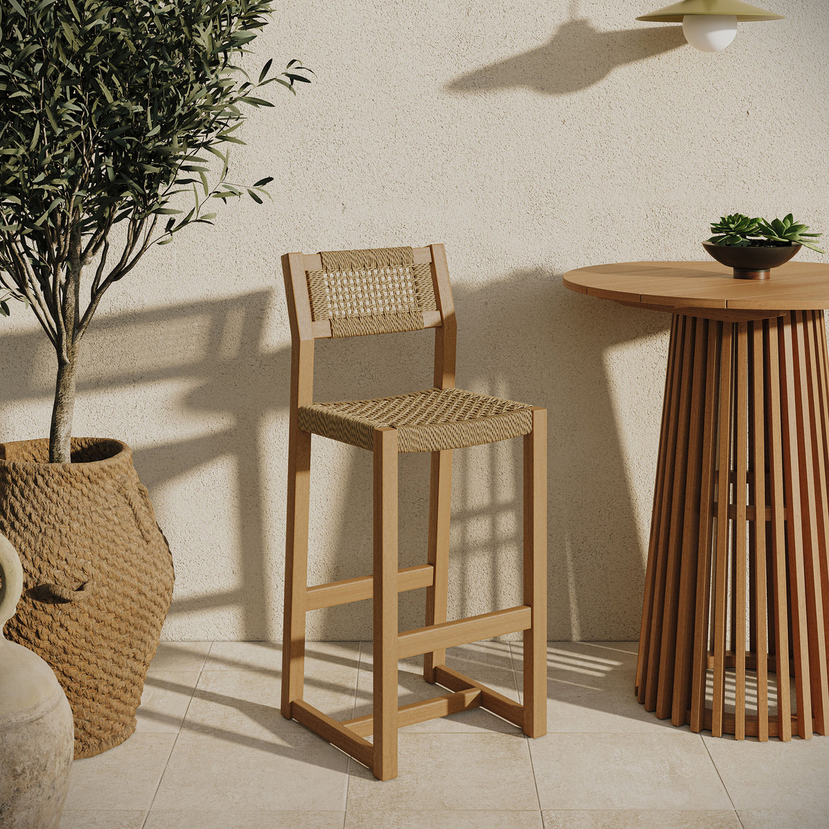 Reed 44 Inch Outdoor Patio Outdoor Teak Wood Rattan Bar Stool - Natural