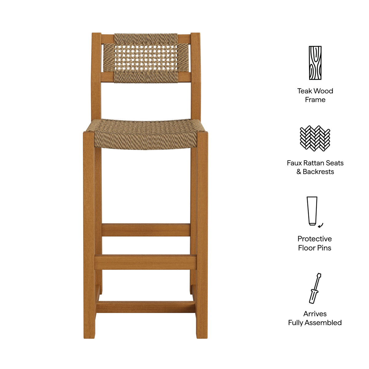 Reed 44 Inch Outdoor Patio Outdoor Teak Wood Rattan Bar Stool - Natural