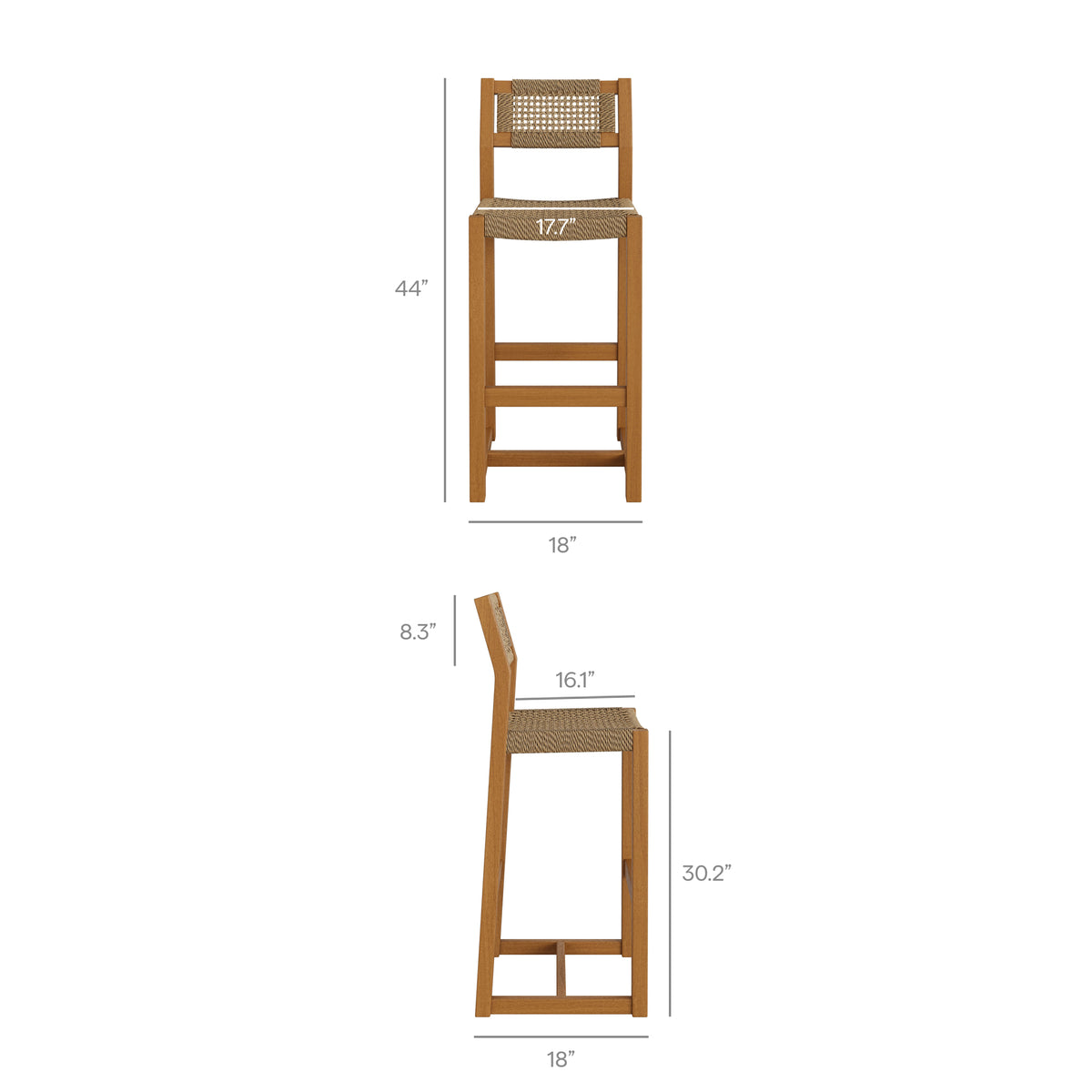 Reed 44 Inch Outdoor Patio Outdoor Teak Wood Rattan Bar Stool - Natural